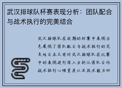 武汉排球队杯赛表现分析：团队配合与战术执行的完美结合