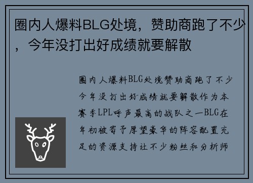 圈内人爆料BLG处境，赞助商跑了不少，今年没打出好成绩就要解散